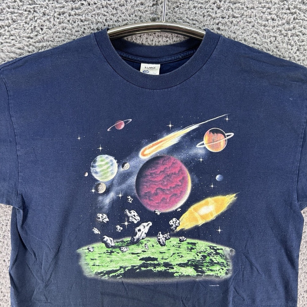Vtg 90s Planets Science Sci-Fi Art T-Shirt Mens XL Faded Navy Blue Human-i-Tees